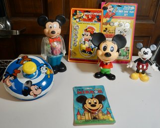 Lot Of 7 Mickey Mouse Toys - Wind-Up, Talking, Spin Top, Enesco