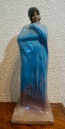 #267 Lady In Blue Glazed Pottery Figurine 12 X 4 X4