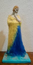 #268 - Signed Sebastian Miranda 1921 Lady With Yellow & Blue Figurine 13h X 7w X 5