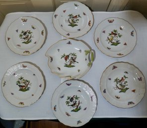 #193 Lot Of 7 Vintage Herend ' Rothschild Bird ' Hungary Dessert Set