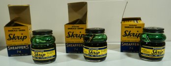 Lot Of 3 - 4oz Emerald Green Skripp Sheaffers Ink Bottles- Almost All Full - Probably Some Evaporation