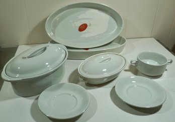 Lot Of 9 Pilivites White Porcelain - 2 Casseroles( 18', 11'), 2 Platters ( 14.25' ), Dish, Bowl