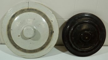 Lot Of 2 Stoneware Crock Lids - 6 1/8' -8 1/4',  7 58' X 10' , Both Have Some Damage -see Pictures