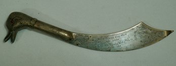 378- 12' Sterling 1878 2nd Place Westminster Kennel Show Letter Opener- 5.81 Troy Oz