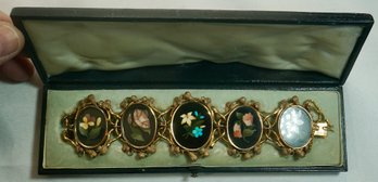 362-14k  PIETRA DURA FLORAL BRACELET- 1855 In Custom Box - Total Weight 55.9 Grams- 7' L X 2' W !