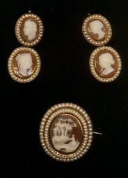 369- Parenti Sisters 10k Gold, Pearl, Cameo Brooch And Earrings