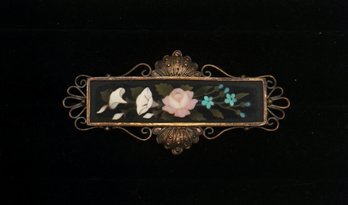 370 - Victorian Pietra Dura Floral Bar Brooch- Gold Washed Sterling 2.5' L