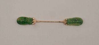 390- Antique 14k / Carved Jade Jabot Pin- Hallmark MS 14 - 5 Grams