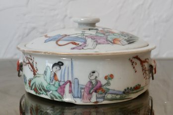 (Upper Level) Late 19C Hand Painted Chinese Famille Rose Soup Pot 4 1/4 X 2 3/4'