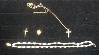 #34-  Lot Of 4 X 14k Charm, Cross, Chain, 7' Fresh Water Pearl Bracelet- 8.5 G