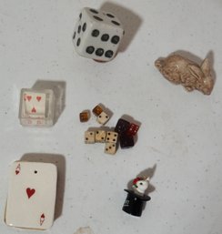 #224 Lot Of  15 Dice, Cards, & Rabbit