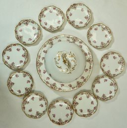 Pink Rose Limoges Covered Butter Dish With 11 Butter Pat Dishes - 14 Pieces