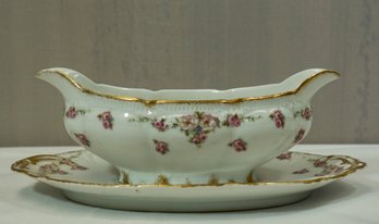 Pink Rose Limoges Gravy Boat And Under Plate