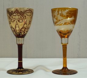 Lot Of 2 Heavily Decorated Hand-Cut Colored Lead Crystal Liqueur Glasses German-Made By Nachtmann