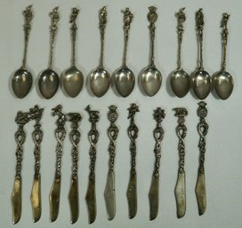 Lot Of 19 Silver Plate Figural Knives, Demitasse Spoons Signed Italy