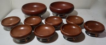 #254 Mid Century Modern Lot Of 10 Bowls Wood Bowl Salad Set W/ 2 Sets Serving Forks & Spoons