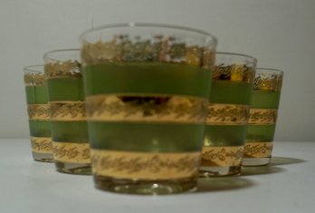 #264 Lot Of 6 Mid Century Modern Green & Gold Glasses