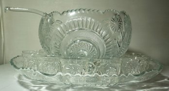 #270 Large Cut Glass Punch Bowl W/Underplate & 12 Cups