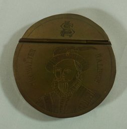 Vintage  Sir Walter Raleigh  Etched Brass Snuff Box  3.5' Dia.