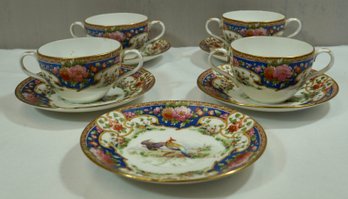 Shelley ' Old Sevres' Shelley China W/ Peacock - 9 Pc. 5 Saucers, 4 Double Handled Cups- 1 Craze Line