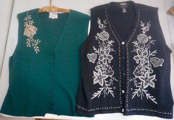 #302 Susan Bristol Green Sweater Vest & Black Beaded Sweater Vest Size XL