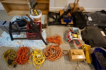 B Lot Of Tools, Ext Cords, Saws, Workmate Bench & Misc Nails & Gloves