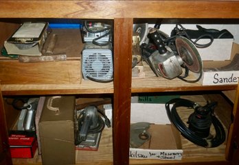 G Left Side Of Cabinet Tools Sander, Router, Jigsaw, Skil Saw, Hammers & Axes