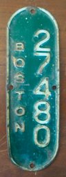 #475  Antique Boston Bicycle License Plate 7 1/2'L