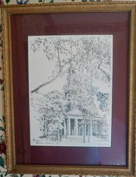 #477 Framed & Signed Pencil Sketch Church 131/2 X 17 1/2