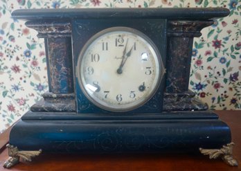#478 Victorian Marblized Wood Ingraham Mantle 8 Day Clock ( Has Pendulum, No Key)