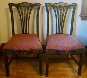 #506 Lot Of 2 Asian Influence Painted Black Lacquer Chairs