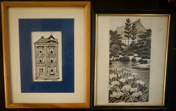 LR587 Pair Of Framed & Signed Ink Sketches 8 X 11 & 8 X 10