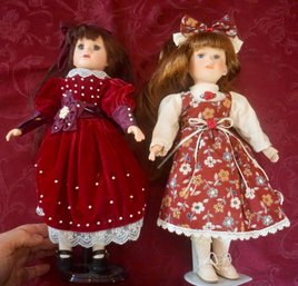 DR659  Pair Of Dolls Porcelain Face 16'T (Burgundy Dress)