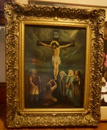 #759 Gold Framed Jesus On The Cross Oil On Canvas Signed 26 X 32
