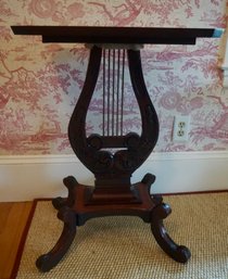 #786 Carved Mahogany Lyre Table 20W X 15D X 28T