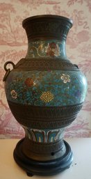 #814 Antique Cloisonne Lamp Conversion To Vase (rosewood Stand Included)