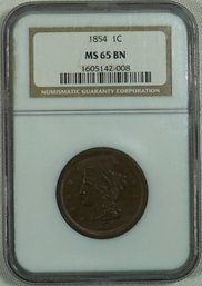 #44 - 1854   Braided Hair Cent,  NGC MS65