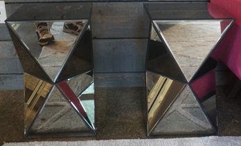 #254 Pair Of Modern Mirrored Geometric Side Tables