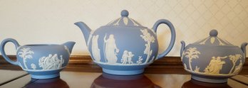 #46 Blue Wedgewood Teapot, Creamer & Sugar