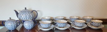 #62 Lot Of 19 Pcs Blue & White & Gold Teapot Cream & Sugar, Cup & Saucers (Made In Russia)