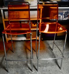 Lot Of 2 Orange Lucite/ Acrylic Bar Stools