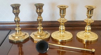 #92 Lot Of 5-  Brass Candlesticks 5', 1 Set Of Baldwin & Candle Snuffer