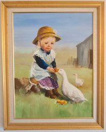 #107 Signed Dianne Dengel Little Girl W/ Geese Painting  28 1/4 X 22 12