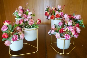 #LR49 Pair Of 6 Planters On Stands W/ Faux Pink Roses