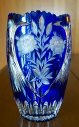 #LR50 Cut Cobalt To Clear Crystal Vase 9 1/4'