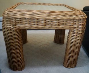#P123 Pair Of Glass Top Coastal Wicker End Table