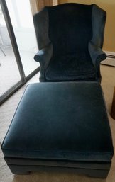 #P127 Drexel Blue Velvet Chair & Ottoman
