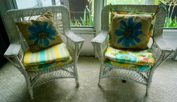 #P129 Pair Of Wicker Chairs & Cushions