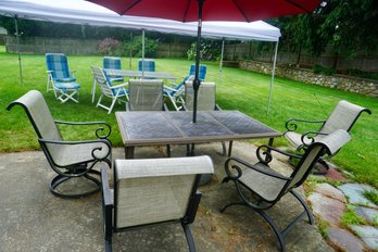 #P140 Outdoor 2 Tables 6 Chairs & Umbrella