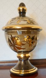 #186 Covered Smoked Glass & Gold Candy Dish 10 1/2'